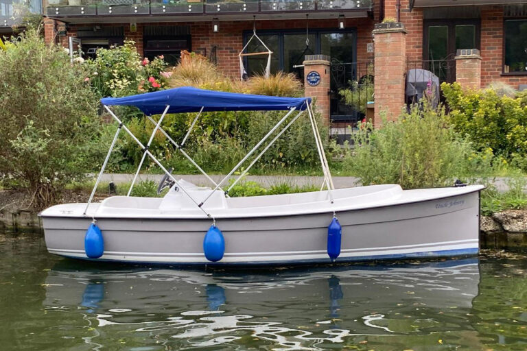 Uncle Johnny 2019 Ruban Bleu Scoop - electric day boat, grey hull with blue bimini